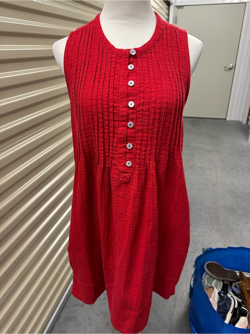 Quince Red Sleeveless Pintuck Button-Front Dress